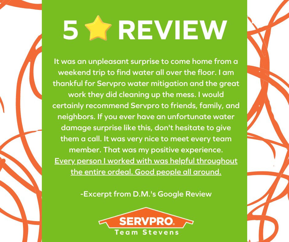 Nothing like another 5 ⭐ review to serve as a midweek pick-me-up! We love to make it #LikeItNeverEvenHappened!
#servproteamstevens #SERVPRO #heretohelp #watermitigation #fivestars #fivestarreview
