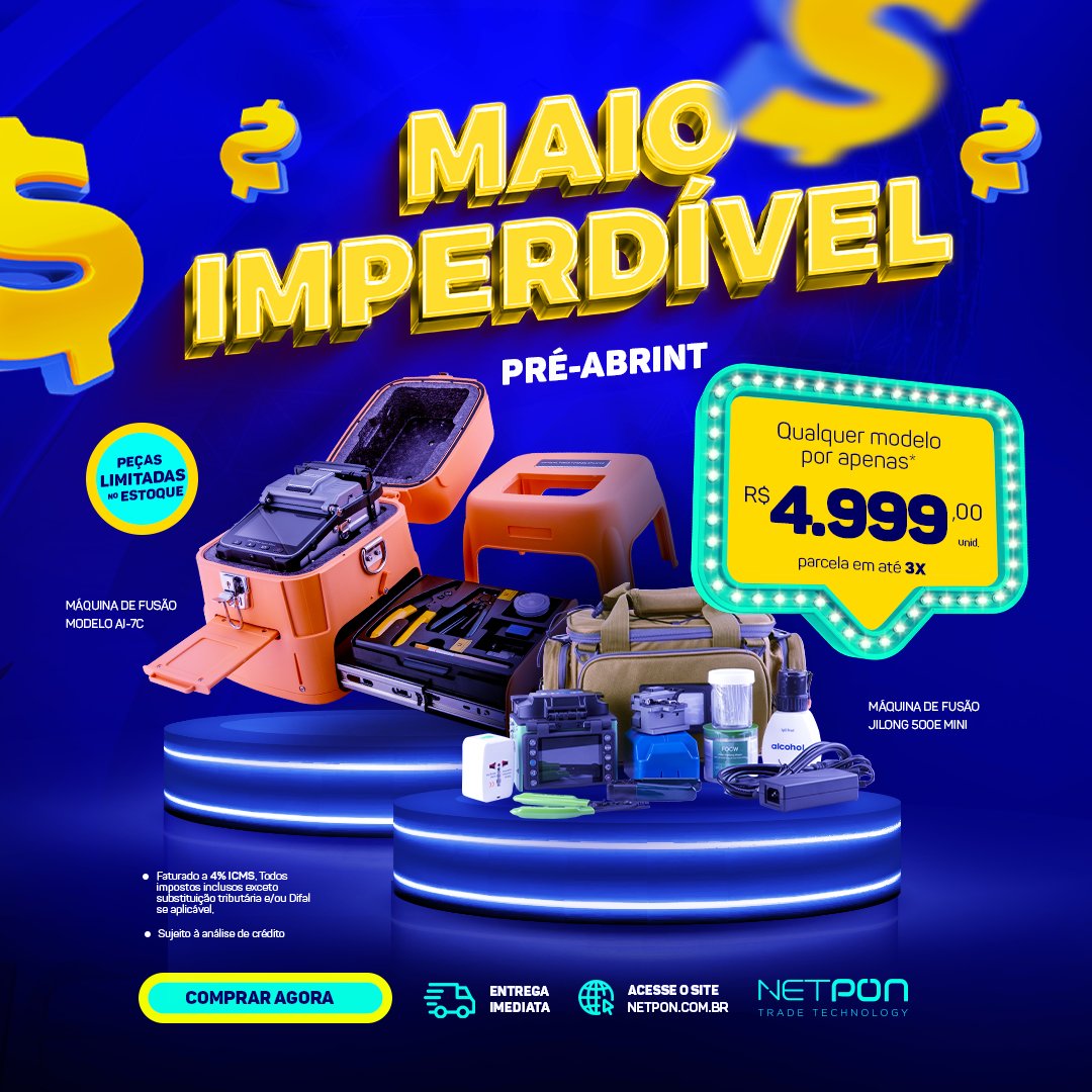 NetponTrade's tweet image. É agora ou nunca, adquira sua máquina de fusão com a melhor condição do ano. Promoção imperdível PRÉ-ABRINT! 🧰✨🤑#netpon #abrint #promocao  #telecom  #lastmile #telecomunicações  #fiberoptic  #distribuidora  #buyers #vidadecomprador #comprador #equipedecompras #maquinadefusao