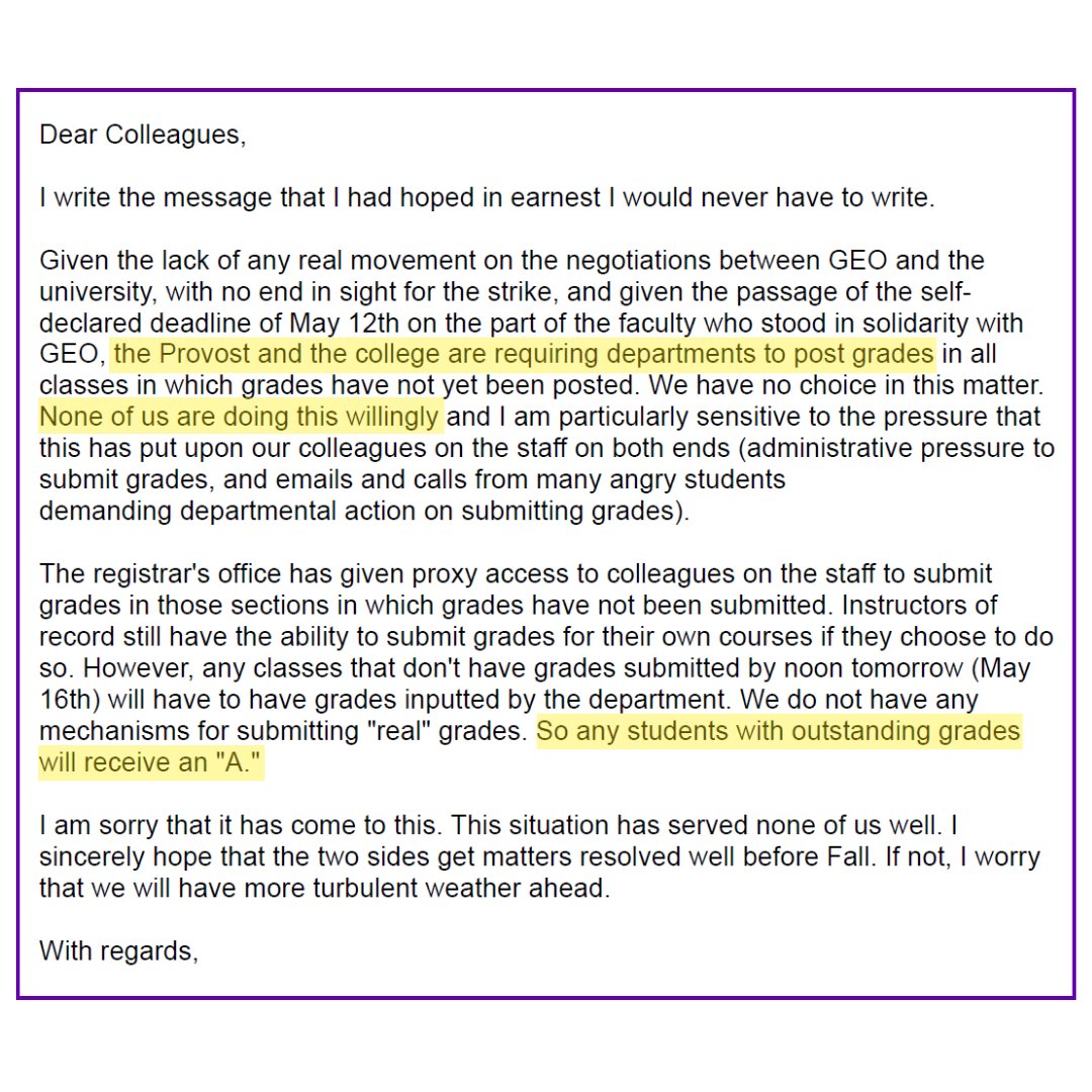 Bosses in the Dean's &amp; Provost's office have bullied &amp; cajoled dpts into fabricating grades for students of striking workers.

This is beyond the pale.

<a href="/UMich/">University of Michigan</a> is throwing all professional integrity to the wind. They are playing a dangerous game &amp; risking their accreditation.