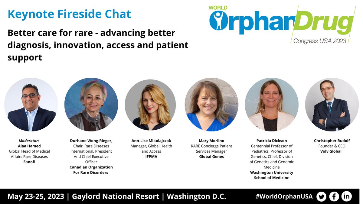 OrphanConf's tweet photo. Join these amazing panelists next Wednesday, May 24 at 9:10am for a keynote on "Better care for rare - advancing better diagnosis, innovation, access and patient support." Only at #WorldOrphanUSA #WODCUSA https://t.co/rLEiP7bVOU