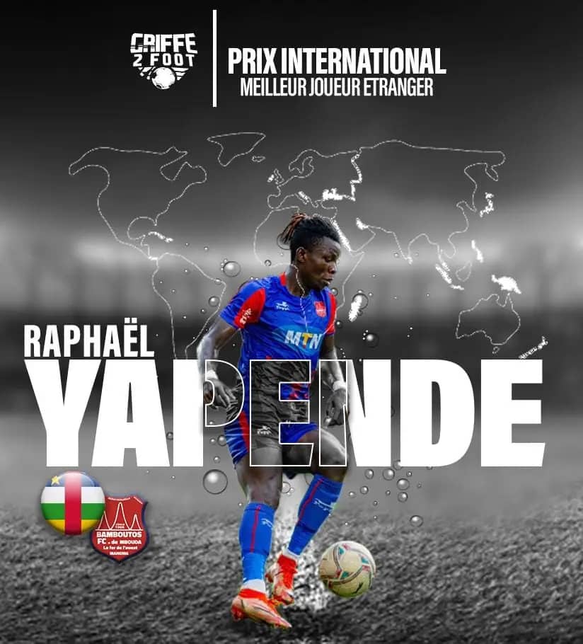 MARC YAPENDE, MEILLEUR JOUEUR ÉTRANGER AU #CAMEROUN 
Il est  élu joueur étranger de la saison !
Le latéral gauche centrafricain, Raphaël Yapende, a été désigné meilleur joueur étranger en Élite One par le média Griffe 2 Foot.
🇨🇫🔥