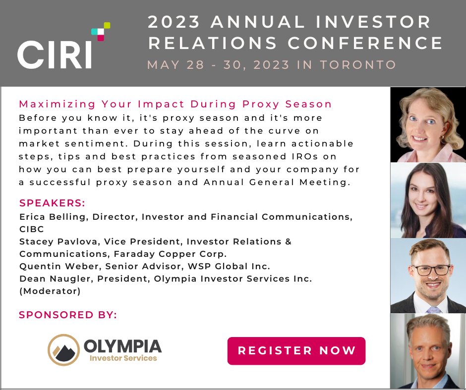 Are you looking to maximize the return on proxy season & your AGM? Join seasoned IROs at #CIRI2023 as they share actionable steps, tips & best practices to better prepare yourself & your company to make them successful. Thank you Olympia Investor Services. lnkd.in/gJEAa54i