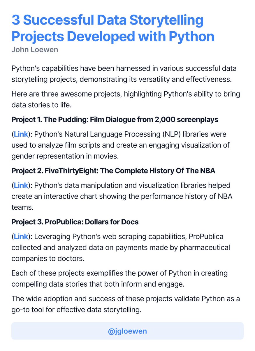 jgloewen's tweet image. Python's role in data storytelling is undeniable.
From movie scripts analysis to tracking NBA history and investigating pharma payments,
Python is the hero behind the scenes.
Check out these projects!
👇 #PythonInAction #DataStorytelling