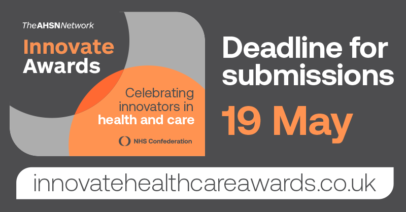 🚨 Two days left to enter the Innovate Awards 2023! 🚨
Closing Fri 19 May.

Celebrating excellence in health and care innovation, the awards provide a brilliant opportunity to showcase you and your team’s work. ahsnnetwork.com/news/innovate-… #InnovateAwards #Innovation #AHSNs <a href="/NHSConfed/">NHS Confederation</a>