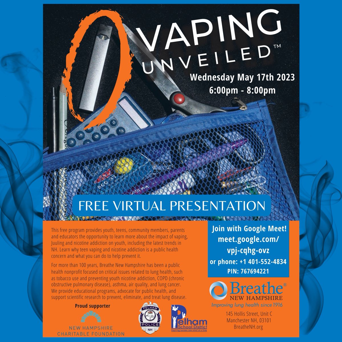Vaping Unveiled is TONIGHT!! 6pm virtual presentation via Google Meet.  See below for the Google Meet info!