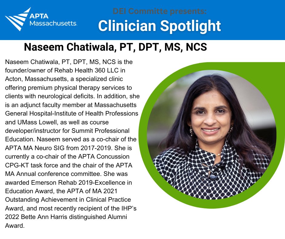 Naseem is an entrepreneur and leader in the Massachusetts physical therapy community. Her dynamic roles and high standard of clinical care and education is notably recognized. Celebrating Asian Pacific American Heritage Month