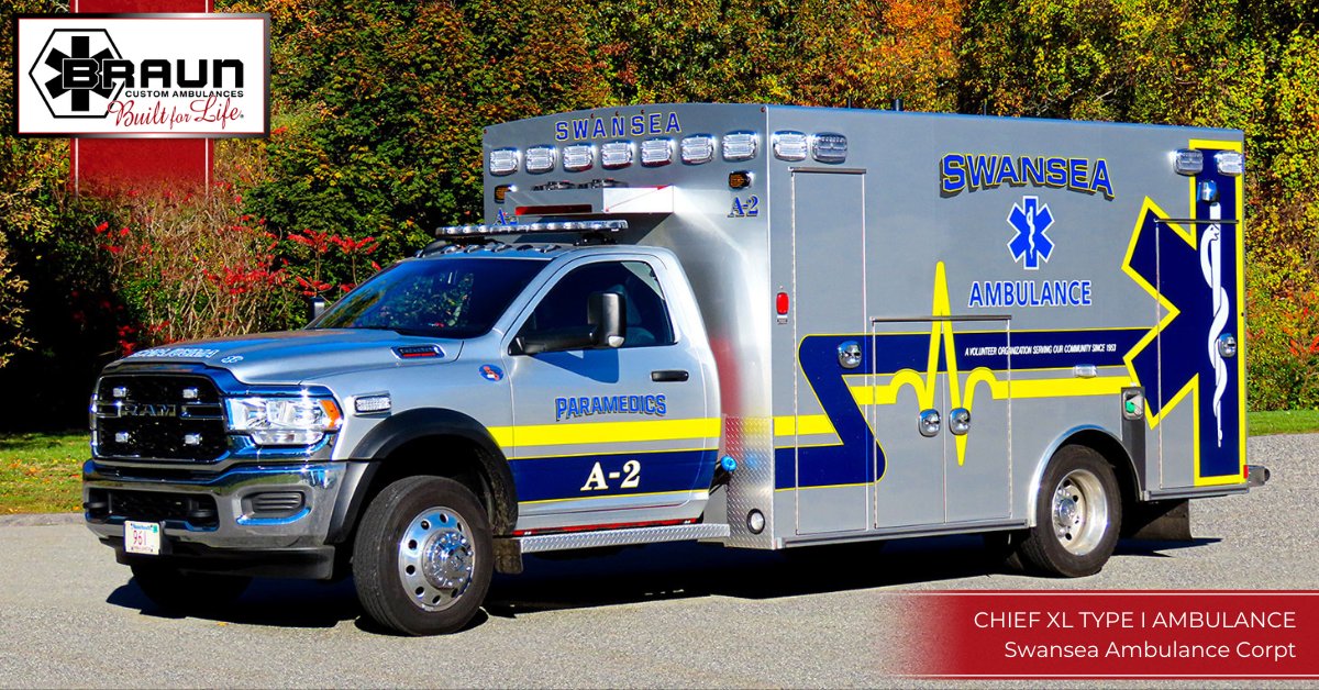 BraunAmbulances's tweet photo. We love the silver and graphics package on this Chief XL Type I ambulance from Swansea Ambulance Corp. This unit was delivered by @bulldogfa, our dealer for CT, MA, and RI. See more at https://t.co/1QTmXYx4ad. #BraunAmbulances #EMS #Ambulance https://t.co/vr7DoxCD2A
