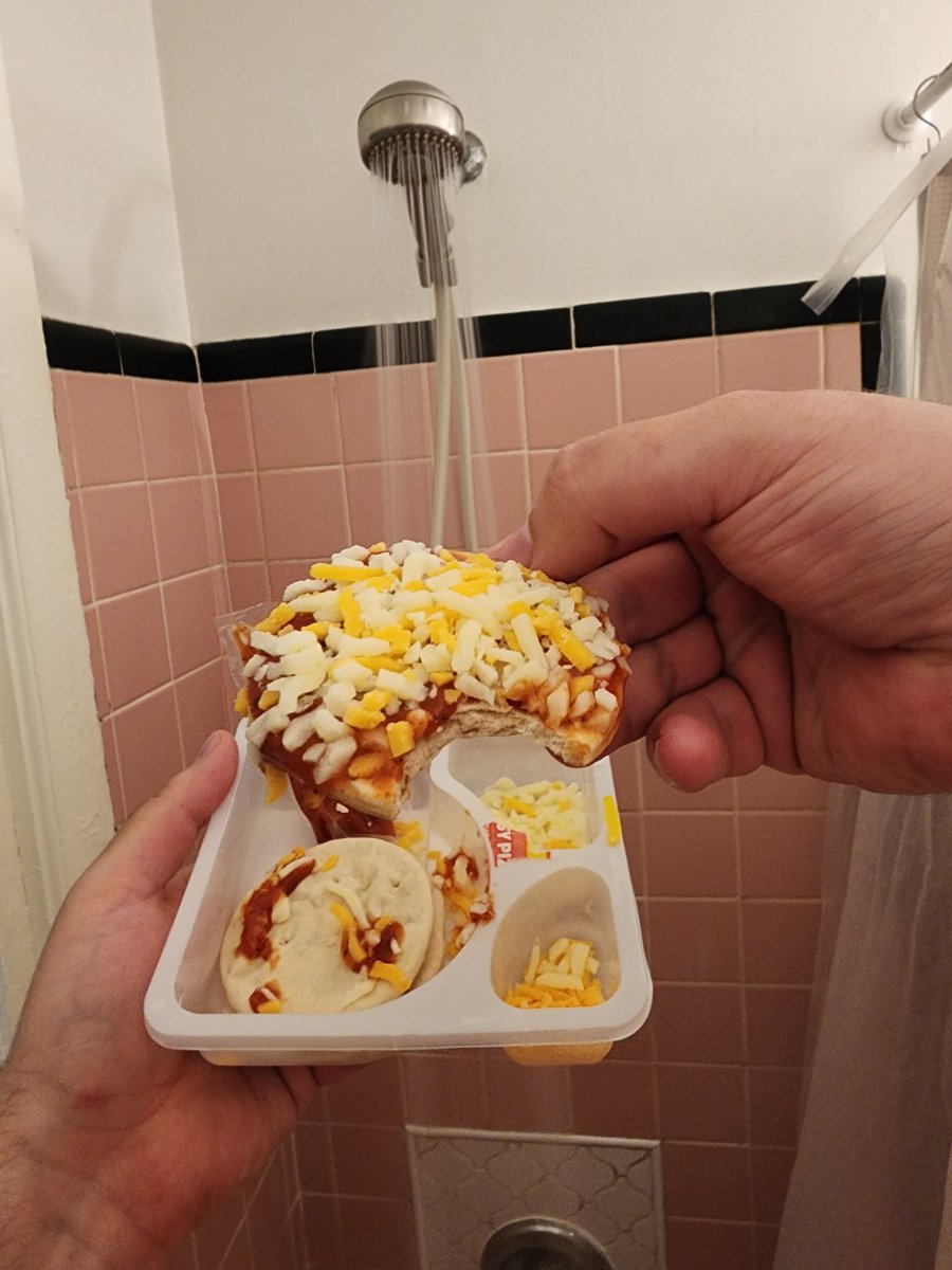 gazpachomachine's tweet photo. Shower Food Review 51: Lunchables Pizza - I put too much toppings on the first pizza &amp; now I don't have enough for the rest. I never think ahead in life. Today I rearranged the living room &amp; ended up just moving it back the way it was again. Maybe I'm not worthy of change. 2/10 https://t.co/3l8ZJ3H2s6
