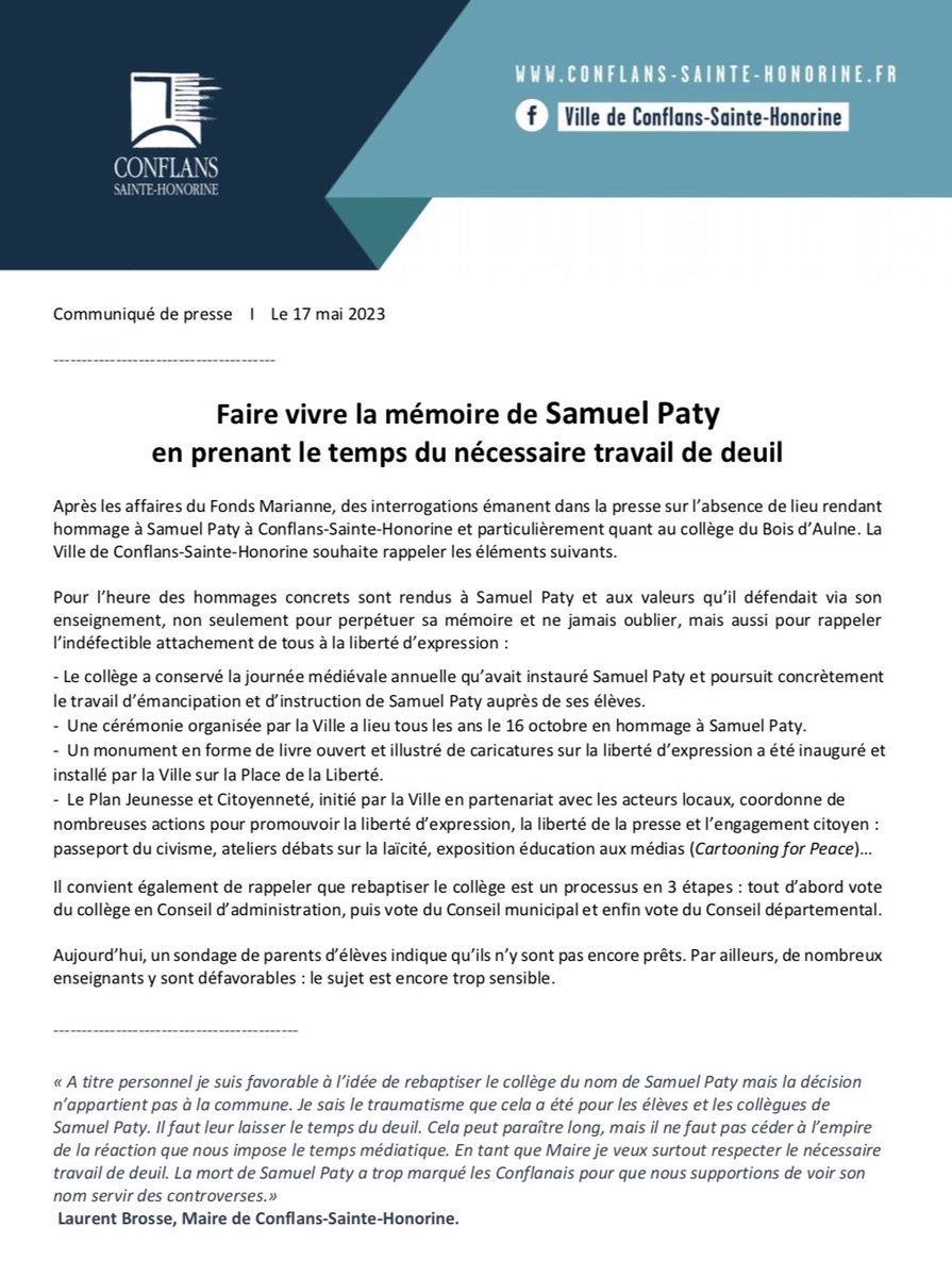 LaurentBrosse's tweet photo. Communiqué de presse - Faire vivre la mémoire de Samuel Paty en prenant le temps du nécessaire travail de deuil. https://t.co/A2uO1bQVr2