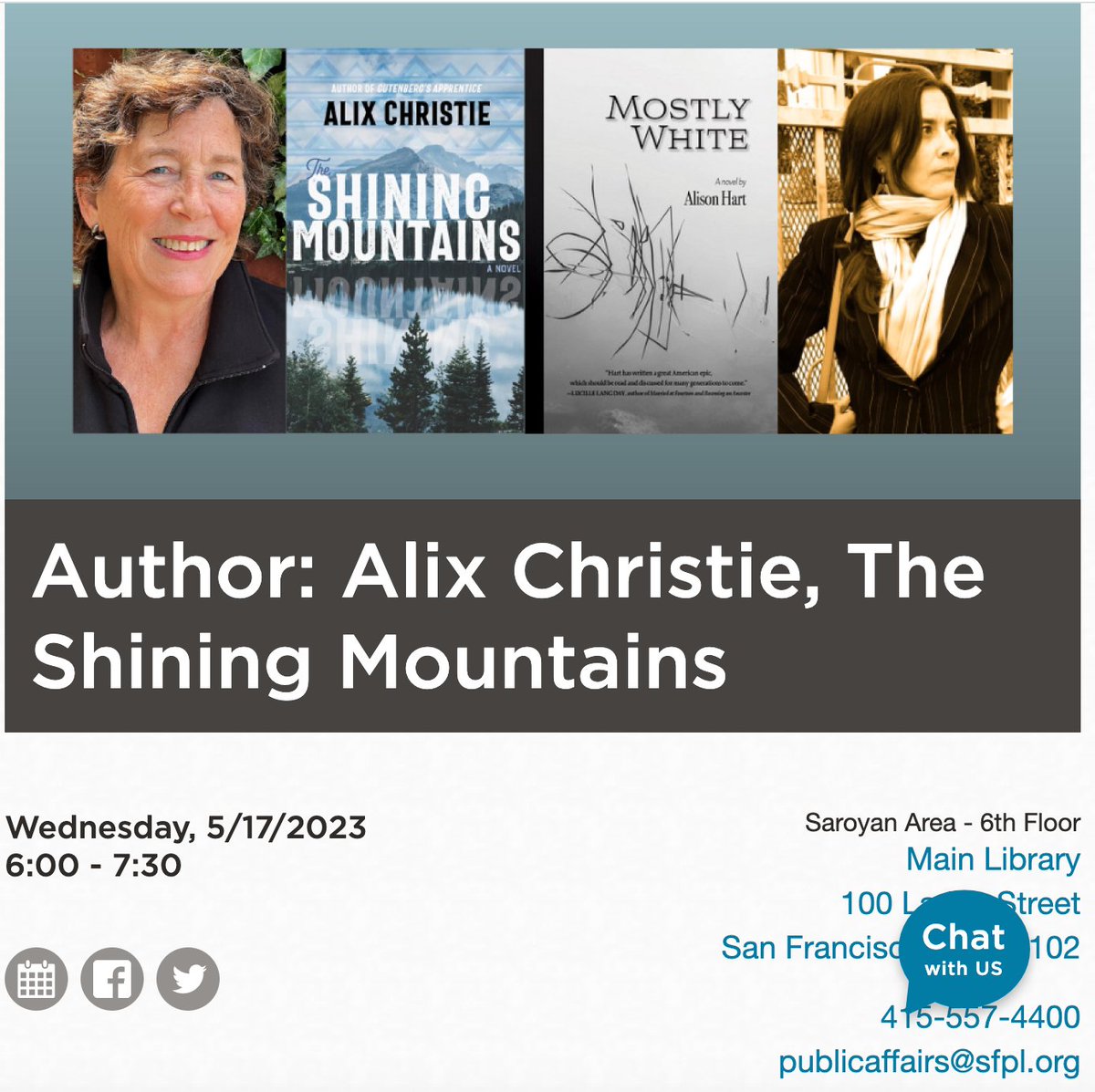 Tonight @ SF Public Library main branch, a conversation with Alison Hart about my new novel #TheShiningMountains and the #truehistory and #nativehistory of America. Hope to see you there!