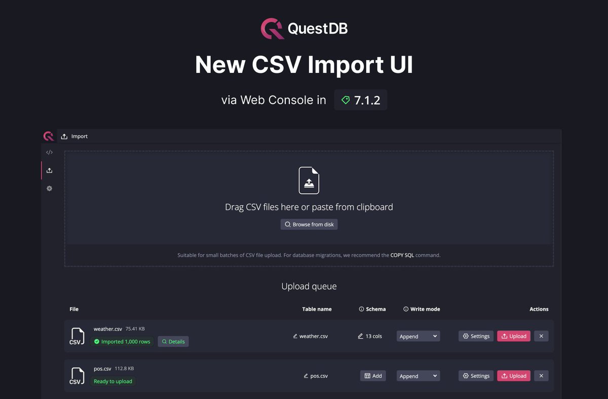 QuestDb's tweet photo. #QuestDB LaunchWeek#2: New CSV Import. We introduce a powerful #CSV Import UI in the Web Console. Take full control over data ingestion with fine-grained options like table name selection, partitioning, timestamp format, and table schema editor 🚀 https://t.co/xLaJqthuU4