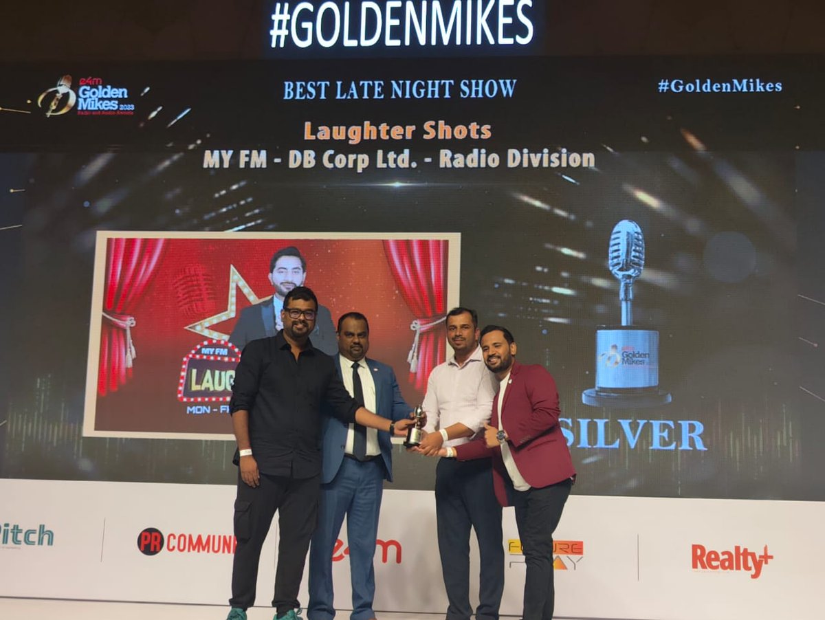 e4mevents's tweet photo. Unleashing Greatness⭐️
Congratulations to the e4m #GoldenMikes inspiring Award Winners!
Category - Best Late Night Show
Winners - @MYFMIndia
@radiocityindia

 #e4mawards #radioawards #audioawards #mumbai https://t.co/FIIwTOI6nz