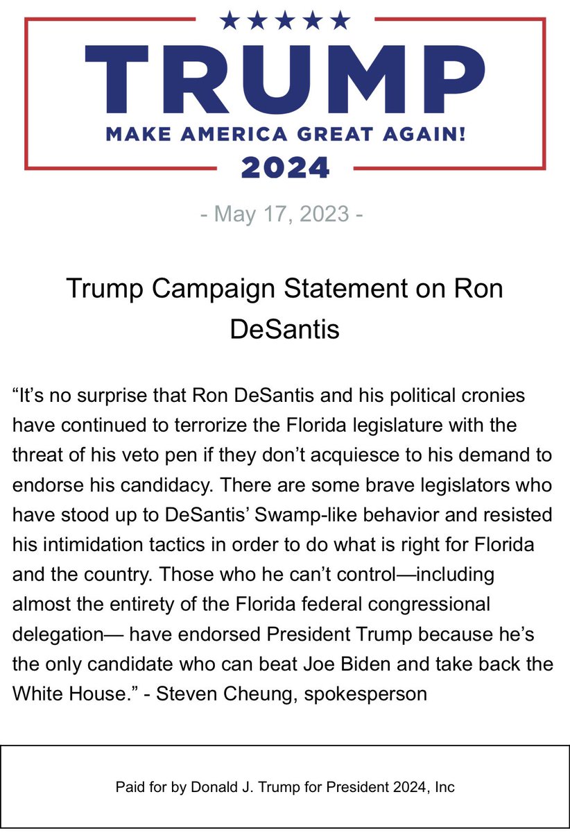 RSBNetwork's tweet photo. Trump Campaign Statement on Ron DeSantis https://t.co/2HM5hYXjbt