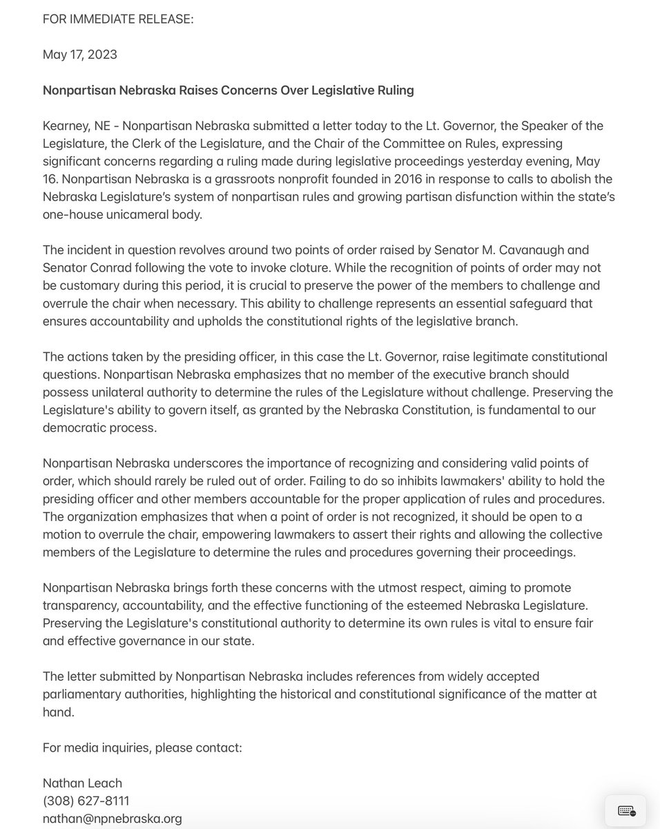 FOR IMMEDIATE RELEASE:  Nonpartisan Nebraska Raises Concerns Over Legislative Ruling

It is crucial to preserve the power of Nebraska lawmakers to challenge and overrule the Lt. Governor when necessary. #neleg