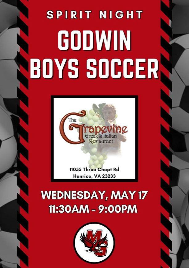 Join us TODAY for our Godwin Soccer spirit night at The Grapevine!  🦅⚽️🇬🇷🇮🇹🍝🍇
