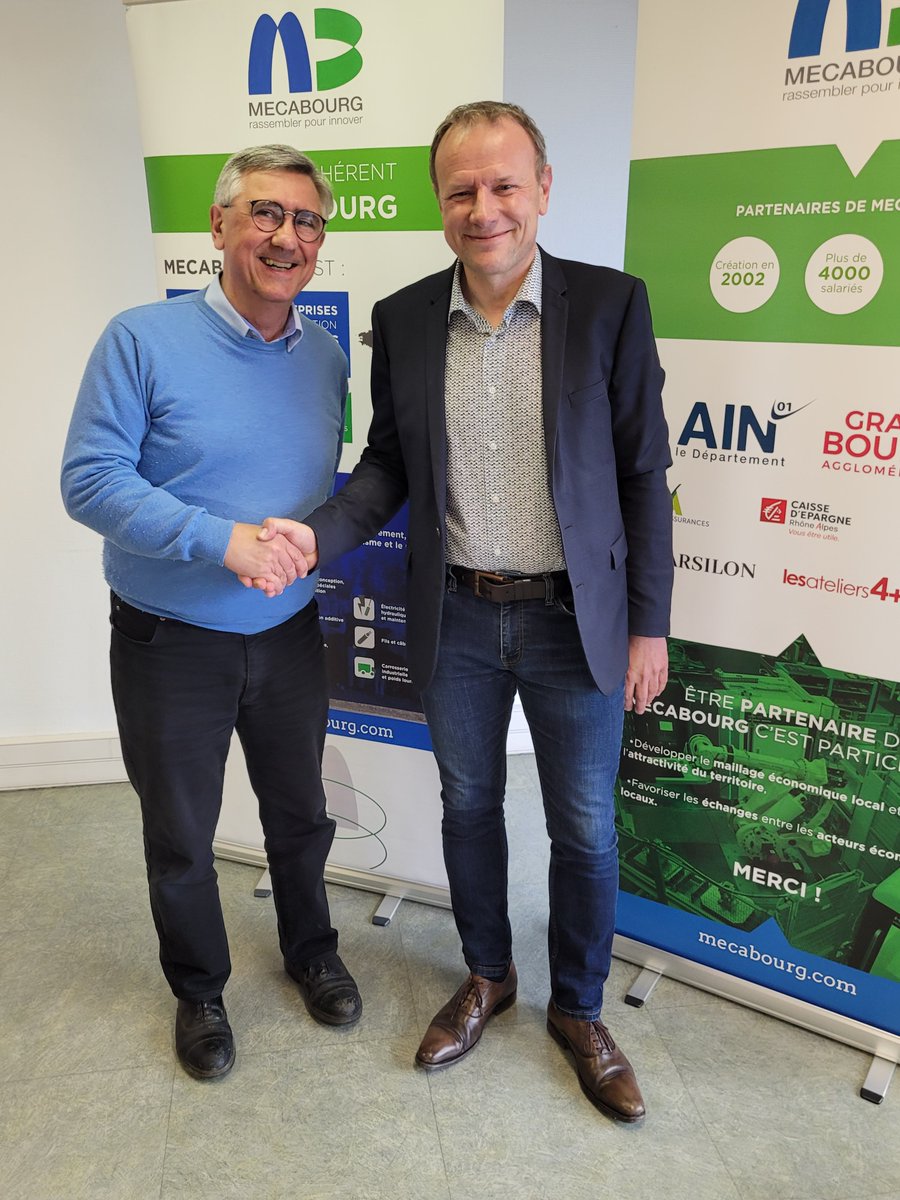 Du nouveau dans la gouvernance de <a href="/MECABOURG01/">MECABOURG</a> !
Hervé KOWALSKA (#MATAIR) succède à <a href="/JacquesFreneat/">Jacques FRENEAT</a> (BOYARD METAL) à la présidence de MECABOURG.
Hervé travaillera dans la continuité avec le bureau de MECABOURG pour définir et piloter les projets de manière opérationnelle.