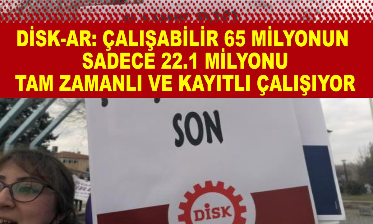 DİSK Araştırma Merkezi, çalışma çağındaki 65 milyon kişinin sadece 22.1 milyonunun kayıtlı ve tam zamanlı işlerde çalıştığını belirtti. 
toplusozlesme.com/haber/disk-ar-…
