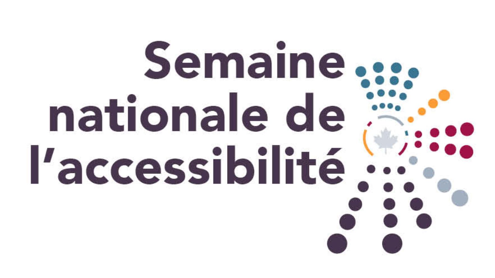 Sur le côté gauche, on peut lire en violet « Semaine nationale de l'acceeibilité » Sur le côté droit se trouve un soleil multicolore en pointillés.