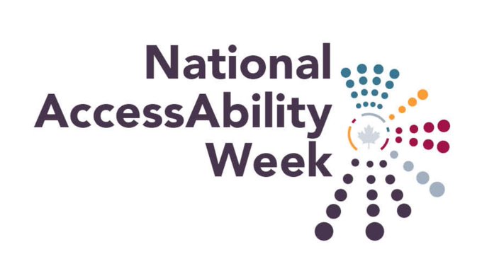 On the left side purple text reads: "National AccessAbility Week." Pictured on the right side is a multi-coloured dotted sun burst.