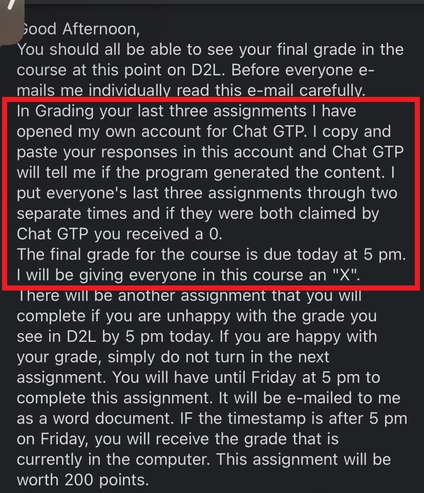 This is sheer insanity 👇

An American professor (wrongly) assumed his students were using ChatGPT for their assignments.

He ran the assignments through ChatGPT and asked if it had written them.

ChatGPT (falsely) said yes.

He failed the whole class.
