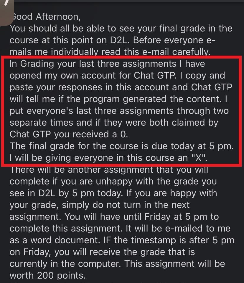 This is sheer insanity 👇 An American professor (wrongly) assumed his students were using ChatGPT for their assignments. He ran the assignments through ChatGPT and asked if it had written them. ChatGPT (falsely) said yes. He failed the whole class.