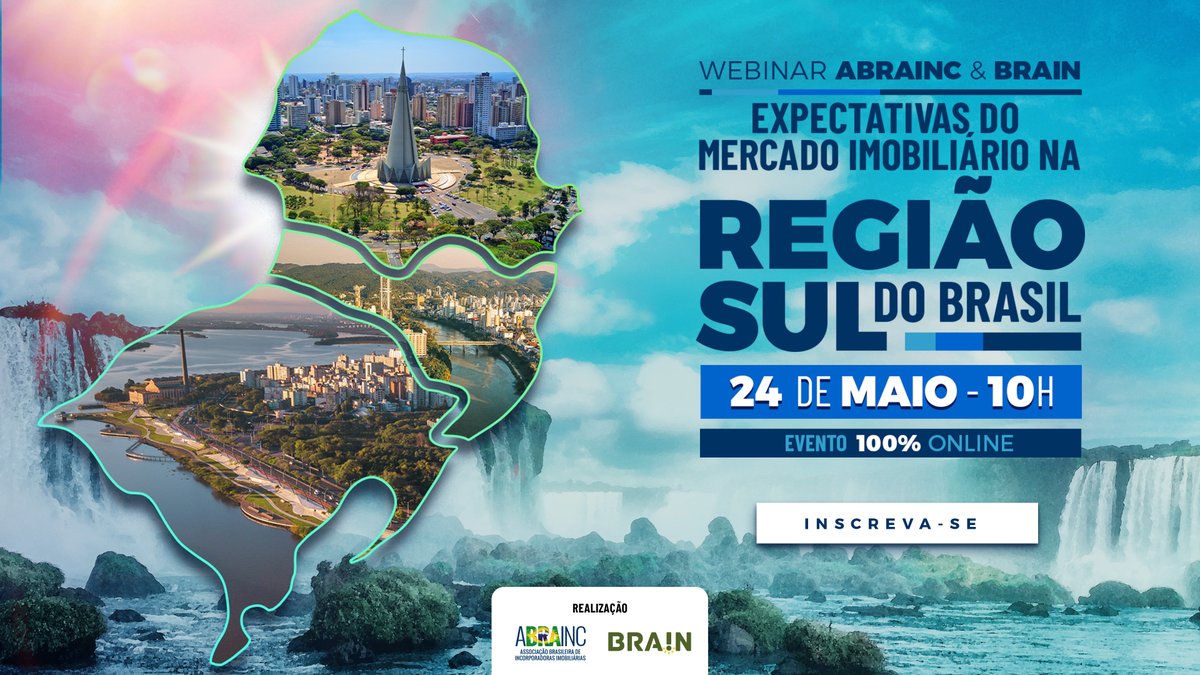 abraincoficial's tweet photo. No dia 24 de maio, às 10h, a #ABRAINC e a Brain Inteligência Estratégica convidam você para a webinar ‘Expectativas do Mercado Imobiliário na Região Sul do Brasil’.
Com transmissão ao vivo no Youtube, o evento reunirá grandes nomes do setor com atuação na região. https://t.co/01DEOPa6Ia