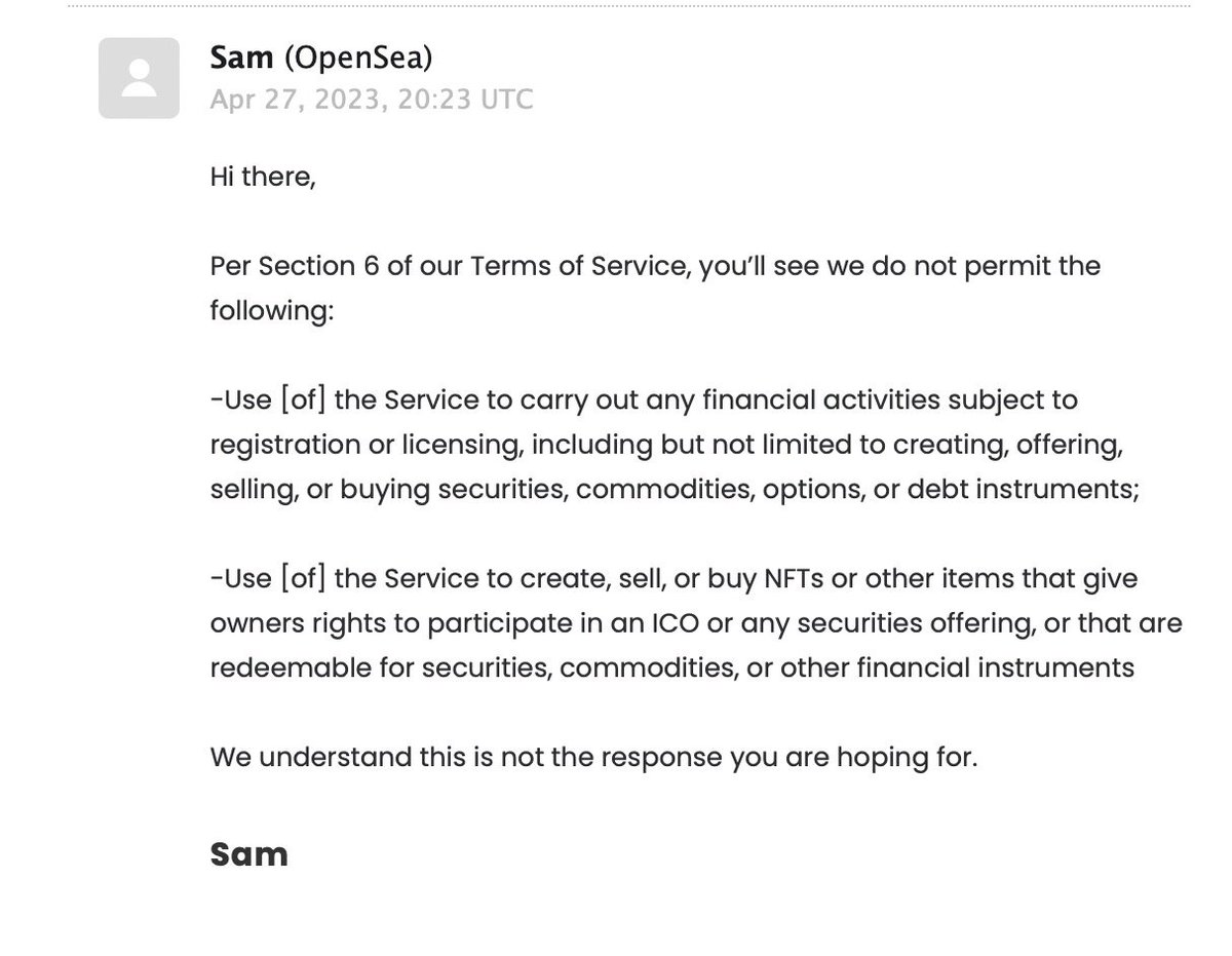 1. Is your NFT a security?

Last month <a href="/opensea/">OpenSea</a> disabled our collection <a href="/MojoHeadsNFT/">MojoHeads NFT ✨</a> due to  Section 6 of their TOS, effectively labeling us a "security".

1. They're dead wrong!
2. They won't clarify.
3. Your collection could be next.

This isn't cool. 🧵
