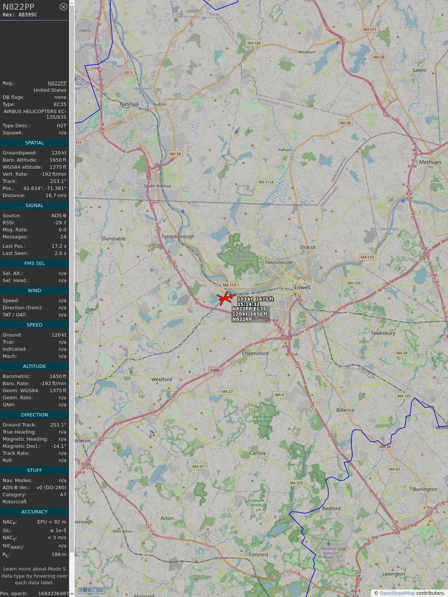 #PlaneAlert ICAO: #AB399C Tail: #N822PP 
Owner: #MassachusettsStatePolice
Aircraft: #Eurocopter EC135 T2
2023/05/17 11:14:41
#EC35 #PoliceSquad #TheCops #CopperChopper mass.gov/orgs/massachus… 
globe.adsbexchange.com/?icao=AB399C&s…