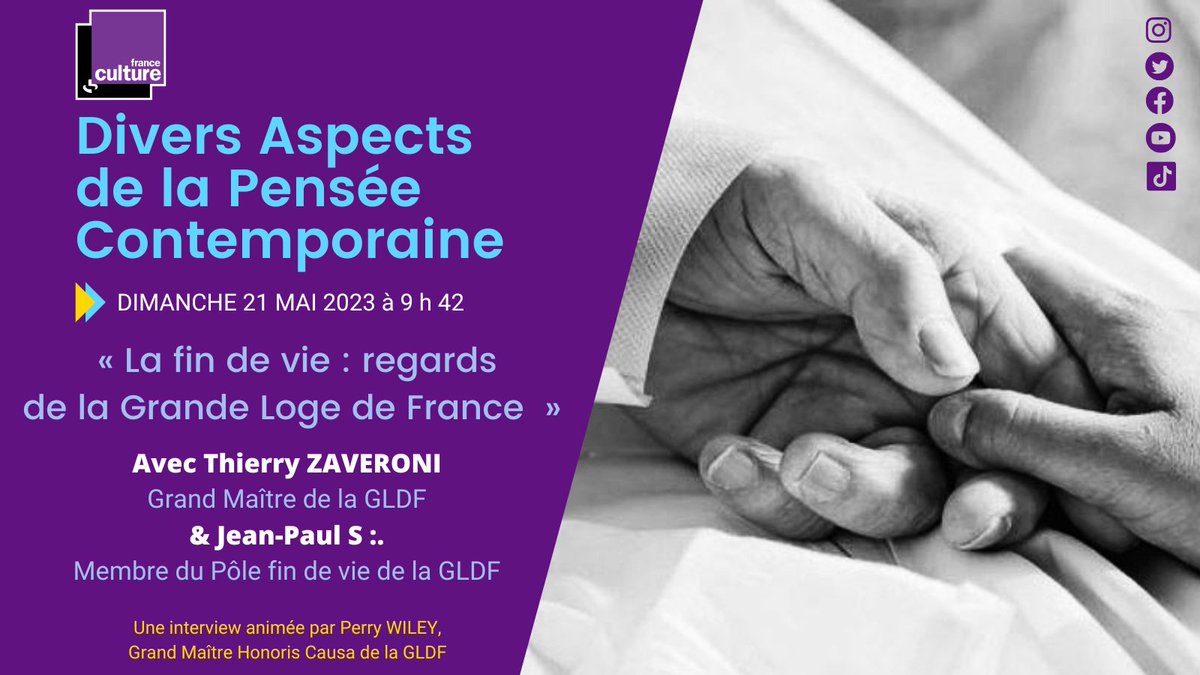 GLDF_Officiel's tweet image. [Radio - France Culture] 📻

Retrouvez nous ce dimanche 21 mai à 9 h 42 pour notre émission avec une interview exclusive du Grand Maître Thierry Zaveroni, sur le travail de consultation des Loges autour de la question de la Fin de vie. #gldf #franceculture #FinDeVie