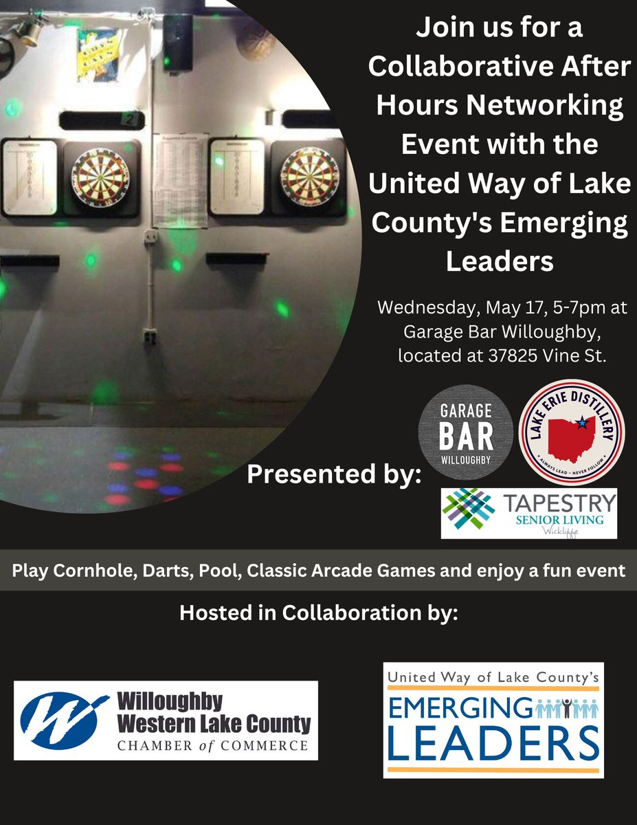 It's not too late to join the fun tonight! Our Emerging Leaders of United Way of Lake County have teamed up with  <a href="/WWLCchamber/">WWLC Chamber</a> for a networking social today from 5 pm - 7 pm. It's all going down at Garage Bar in Downtown Willoughby! Join the fun bit.ly/42lpwU7!