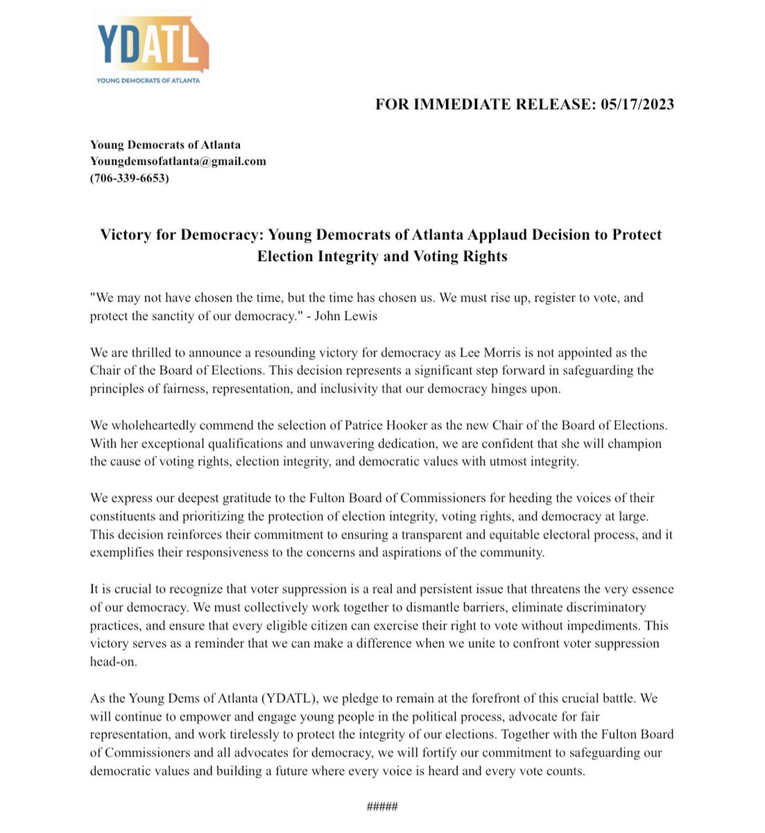 ydatl's tweet photo. Celebrating a major win for democracy as Lee Morris is not appointed, Young Dems of Atlanta (YDATL) applaud the decision to protect election integrity and voting rights. Patrice Hooker is a strong choice as the new Chair of the Board of Elections. https://t.co/KpN1Ga6K4b