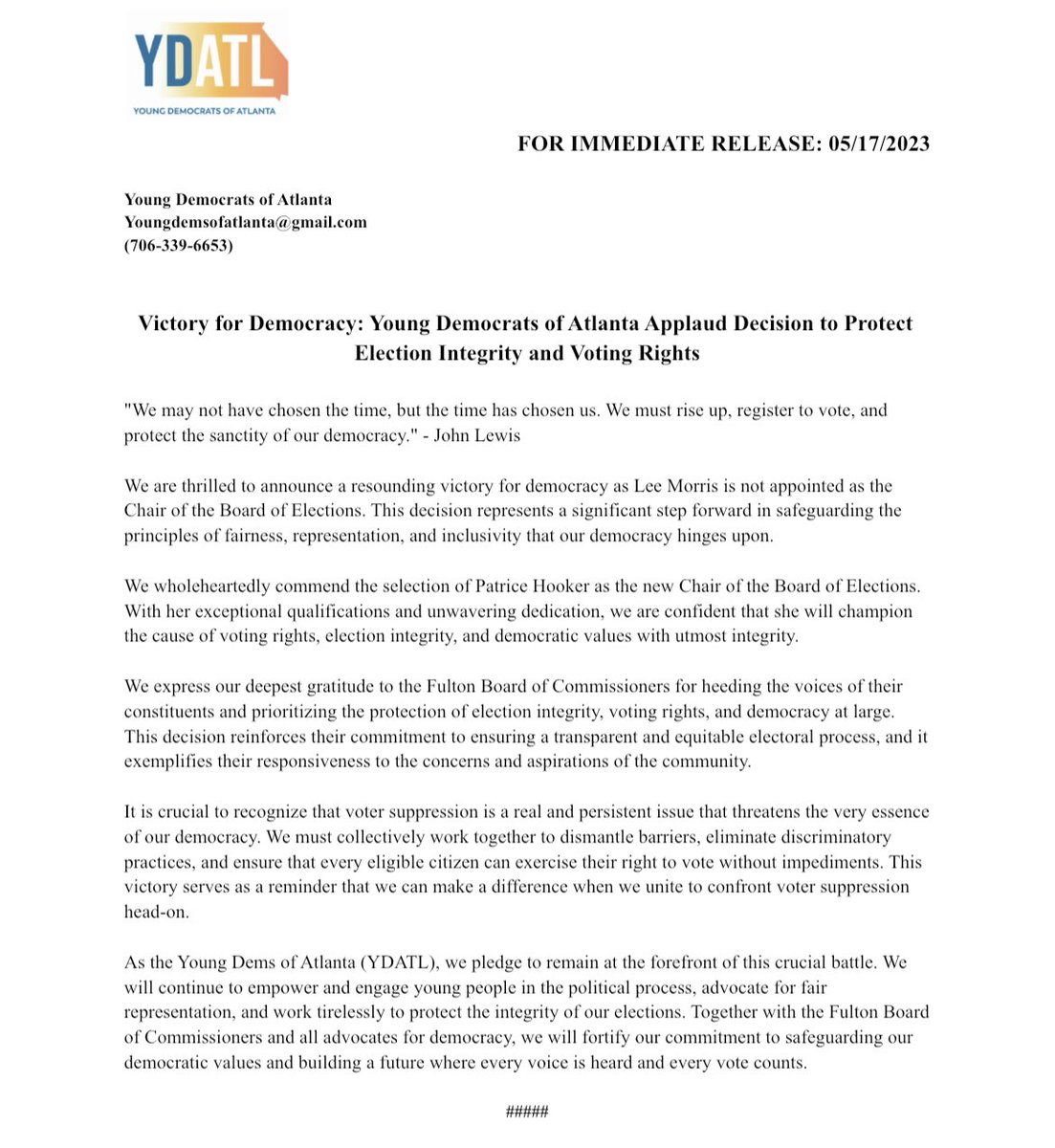 Celebrating a major win for democracy as Lee Morris is not appointed, Young Dems of Atlanta (YDATL) applaud the decision to protect election integrity and voting rights. Patrice Hooker is a strong choice as the new Chair of the Board of Elections.