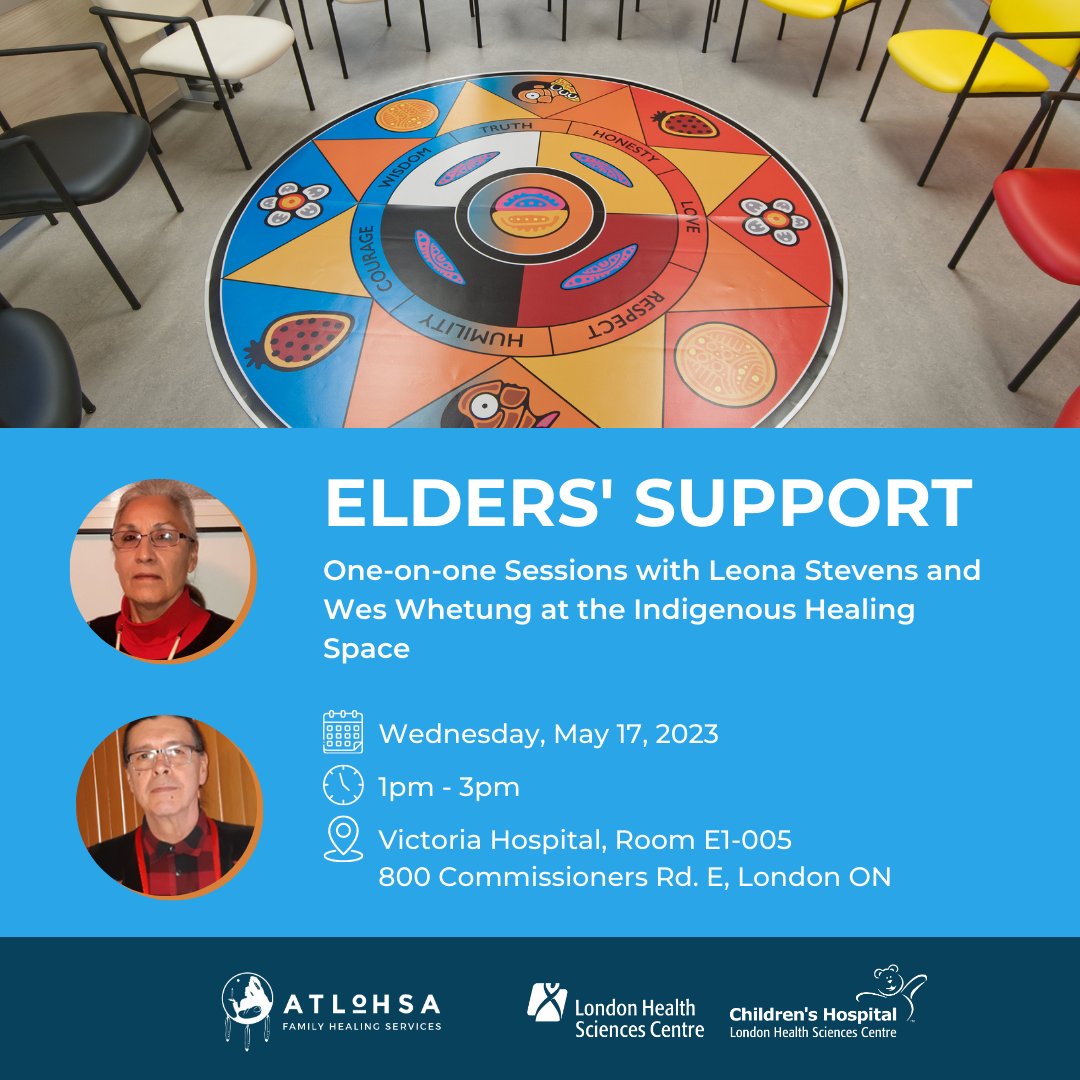 atlohsa's tweet photo. Today at Victoria Hospital's #IndigenousHealingSpace, Elders Leona Stevens &amp; Wes Whetung offer one-on-one support from 1pm-3pm. Need guidance? They're here to help. For assistance, call 519-685-8500 ext. 77524 or email healingspace@atlohsa.com. #EldersSupport #LdnOnt https://t.co/kFjsQPOOoP