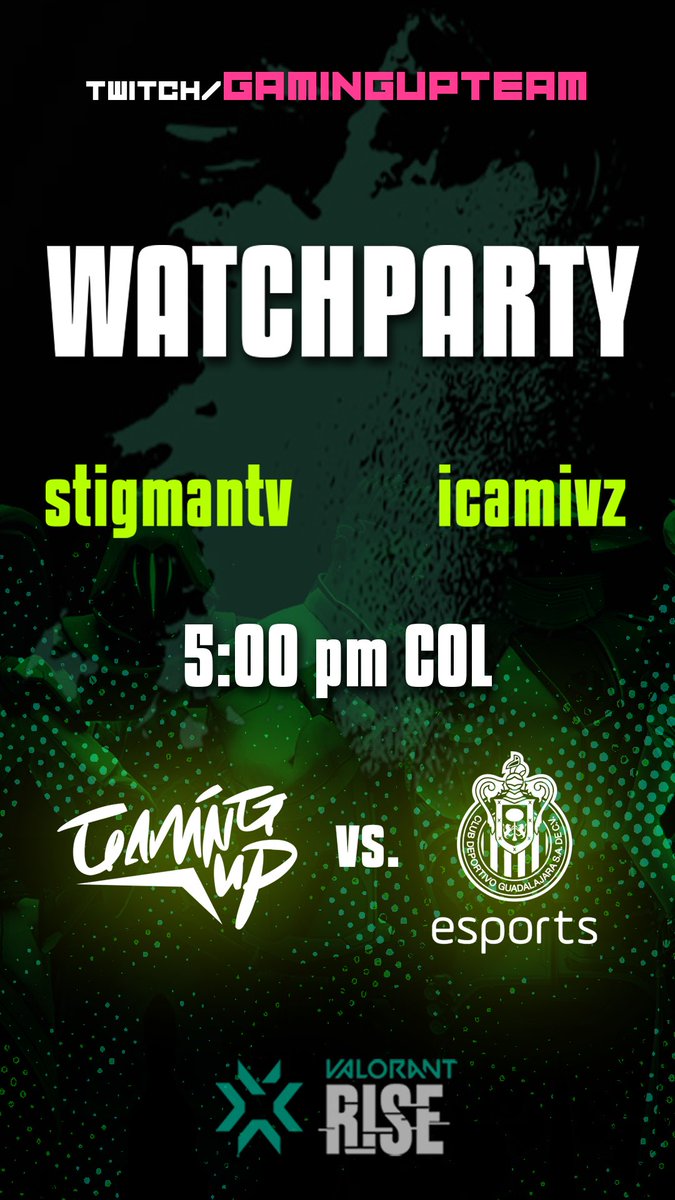 Hoy estaré haciendo WatchParty con <a href="/icamivz/">Camila</a> del partido de <a href="/teamgamingup/">Gaming Up</a> 🆚 Chivas
5:00 PM 🇨🇴 
Twitch.tv/stigmantv 
Los espero 🫡