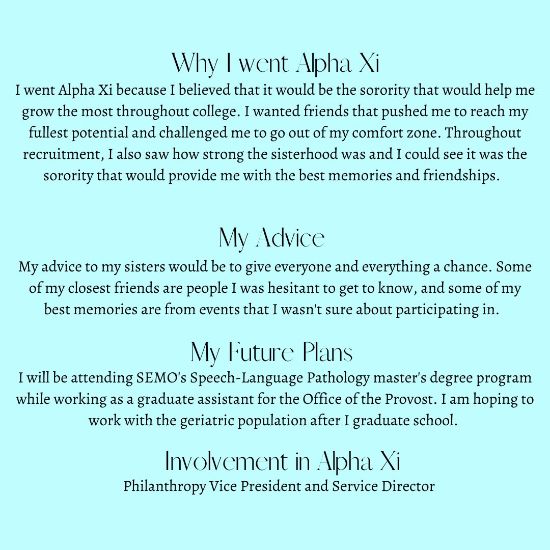 SENIOR SPOTLIGHT 🪩

You will do amazing things Kristina!! We will miss you😭 

#axidsemo #alphaxidelta #realizeyourpotential