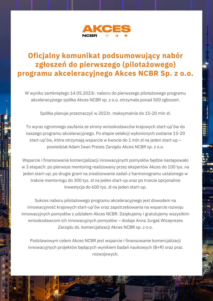 AkcesNCBR's tweet photo. Zapraszamy do zapoznania się z oficjalnym komunikatem dotyczącym zakończenia naboru wniosków 🔽 

#AkcesNCBR #Akces #akcelerator @NCBR_pl https://t.co/ZMmingk4O5