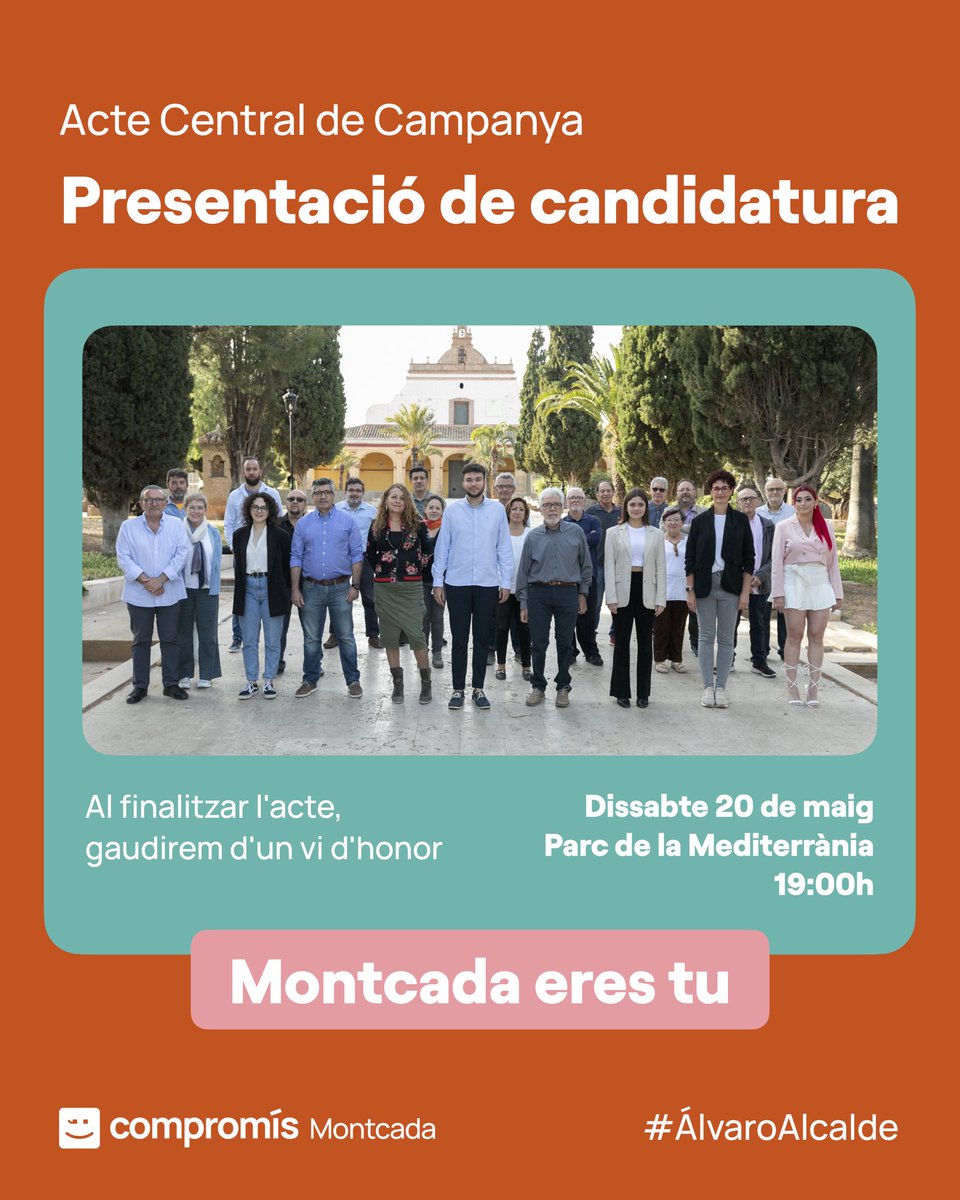 🟠 𝐀𝐂𝐓𝐄 𝐂𝐄𝐍𝐓𝐑𝐀𝐋 𝐃𝐄 𝐂𝐀𝐌𝐏𝐀𝐍𝐘𝐀 | Este dissabte a les 19h al Parc de la Mediterrània presentem la nostra candidatura i el nostre programa!

🗣️ Comptarem amb la presència de la vicepresidenta de la <a href="/dipvalencia/">Diputació de València</a>, <a href="/MariaJosepAmigo/">Maria Josep Amigó</a>.

Vos esperem! #MontcadaEresTu 🧡
