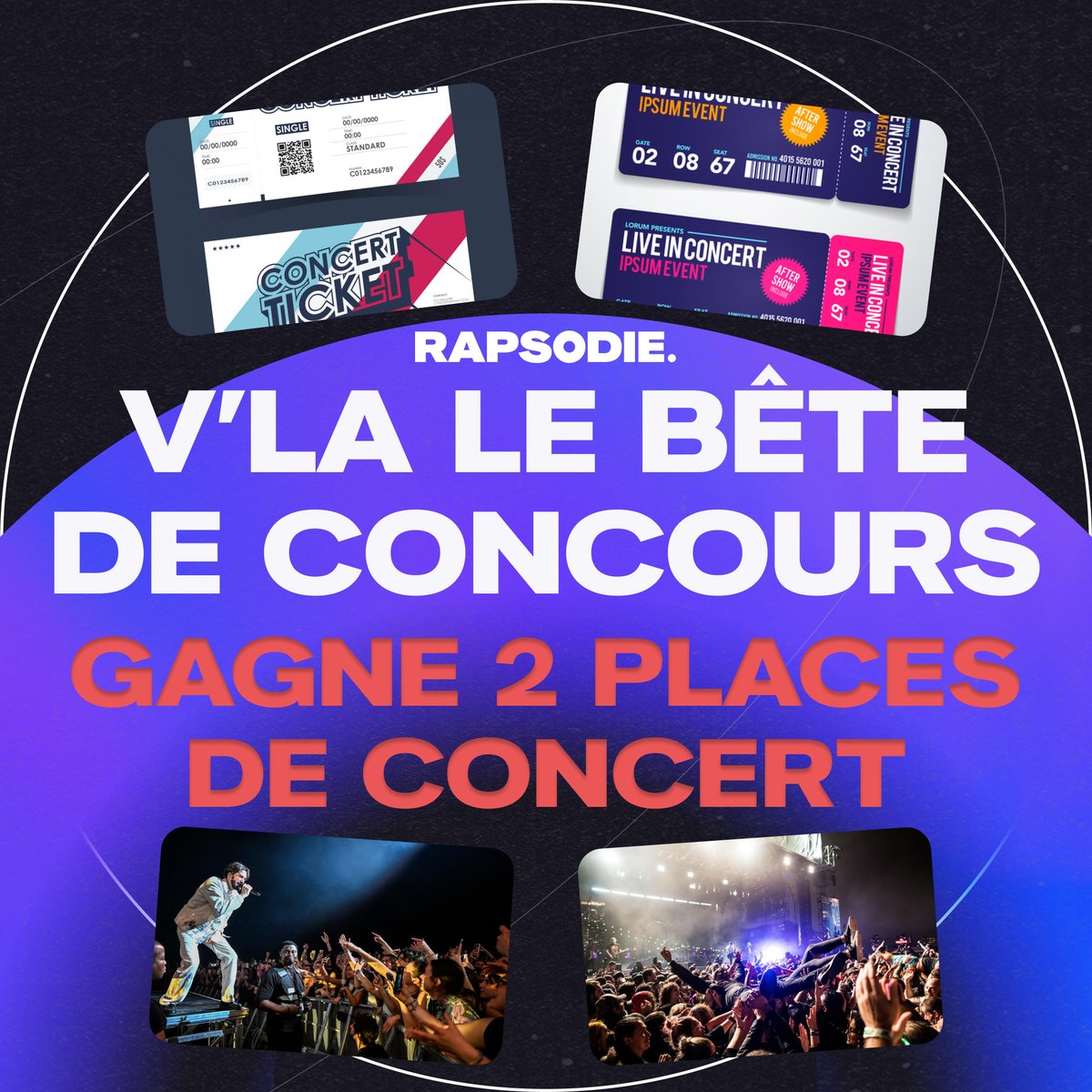 CONCOURS :

Tu l'avais pas vu venir ! Nouveau concours pour gagner 2 places de concert de ton choix !

Et cette fois c'est encore plus facile :
- Like/Retweet
- Télécharge le jeu Rapsodie et rejoins "Le Rainté"

C'est tout ! (oui)

Le gagnant sera annoncé samedi 27 mai 2023.