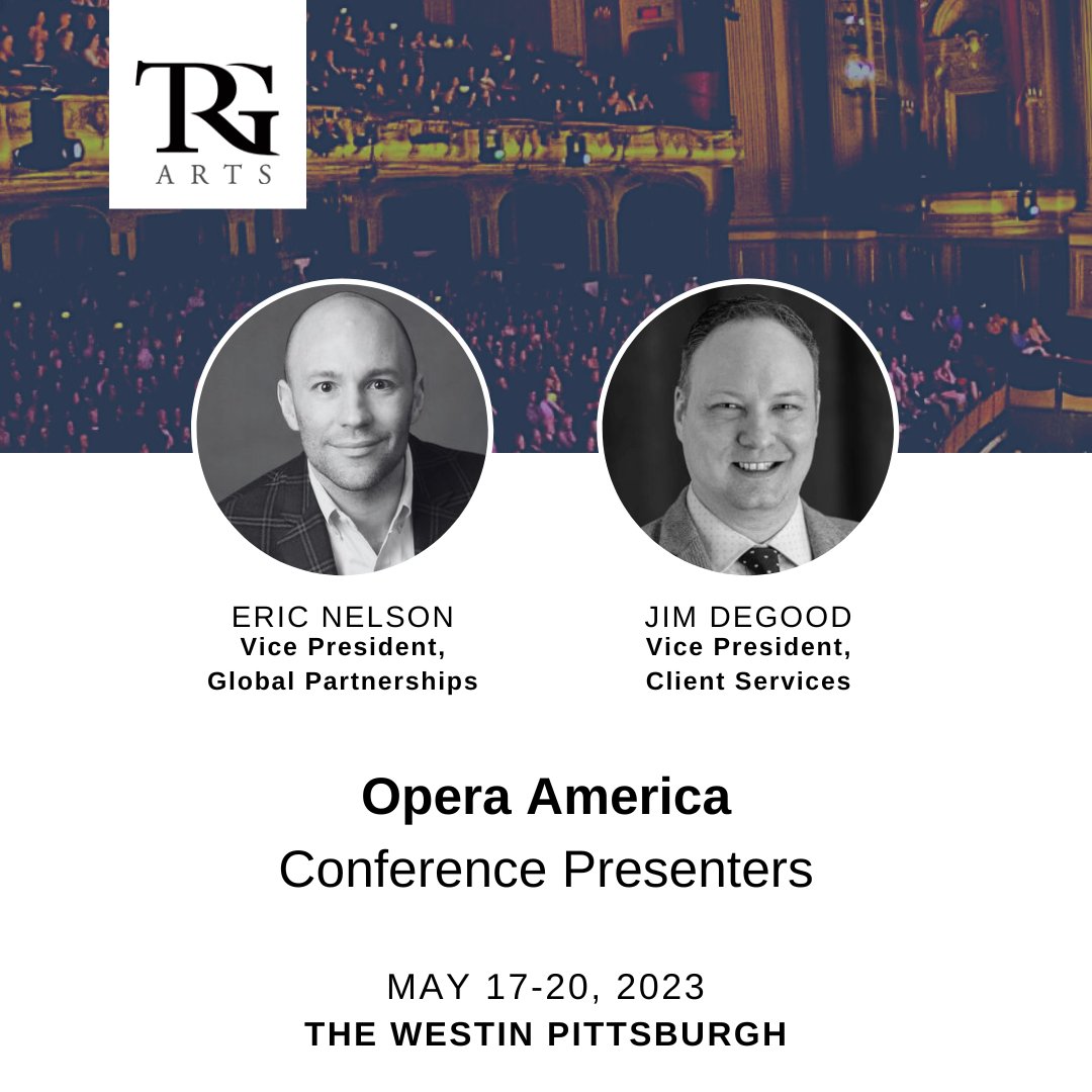 TRGArts's tweet photo. Eric Nelson and Jim DeGood will be in Pittsburgh May 17-20 to attend the 2023 @OPERAAmerica Conference. On 5/18, Jim and Eric will participate in panel discussions. Here's where: Join Jim for The State of New Donors, 11am-12pm. Join Eric for The Audience, 2pm-3pm. #OperaCon https://t.co/4yzrtZZR4d