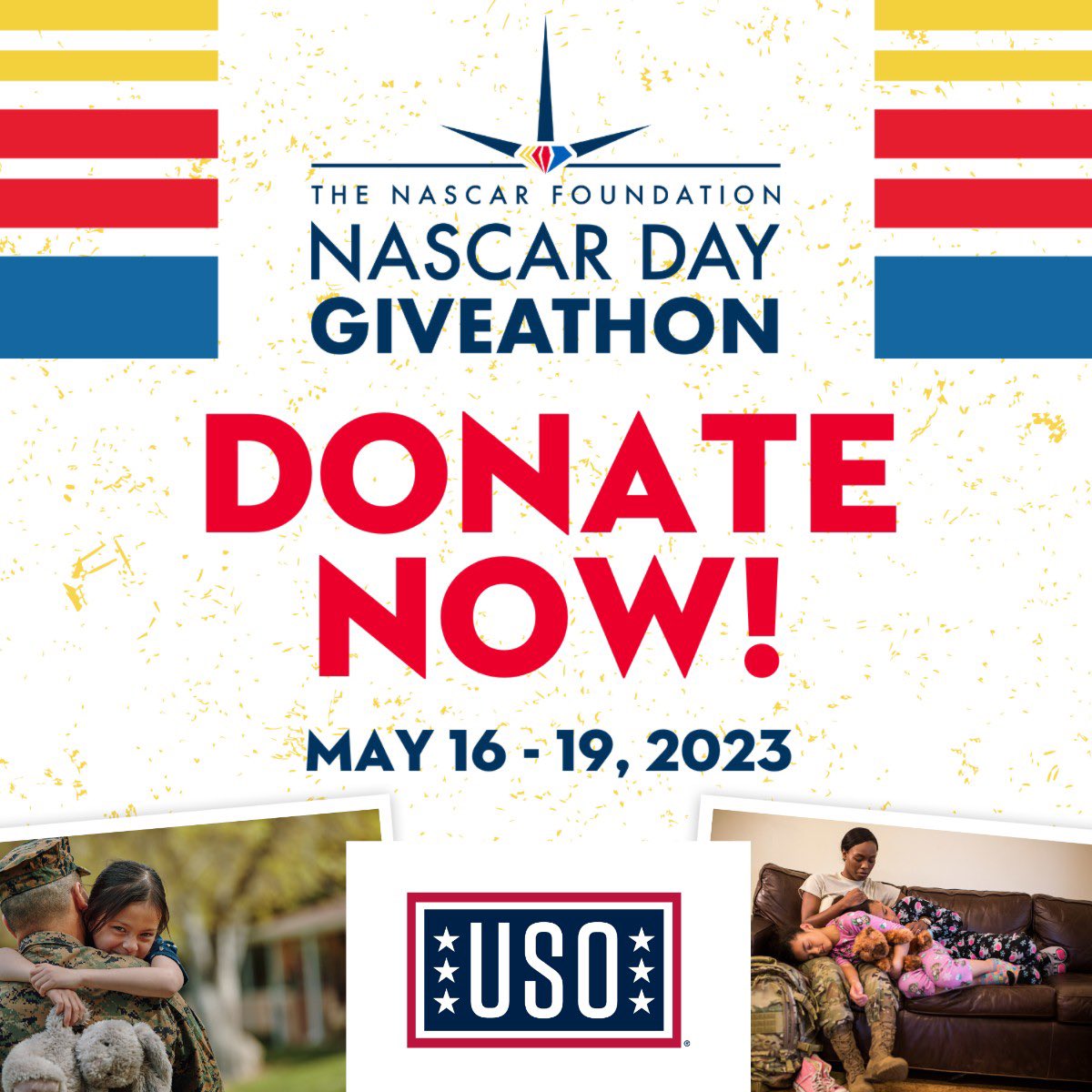 We have joined <a href="/NASCAR/">NASCAR</a> FDN for the #NASCARDayGiveathon! Starting May 16 at 5pm EST, you can help the USO by donating to us, or sharing our fundraiser during the 75-hour period: fal.cn/3ykaz
#NASCAR75 #TheNASCARFoundation
#NASCAR