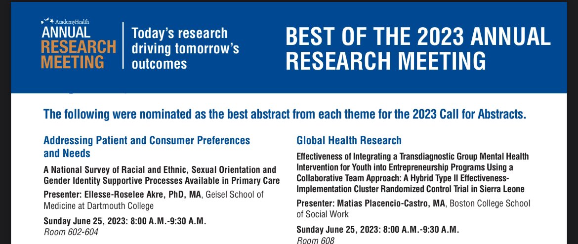 Mya Roberson, MSPH, PhD (@myalroberson) on Twitter photo One of the things I am most looking forward to next month at <a href="/AcademyHealth/">AcademyHealth</a> #ARM23 is chairing the session that features my friend <a href="/AkreEllesse/">Ellesse Akre PhD she/her/hers</a> who received best of ARM for the Addressing Patient and Consumer Preferences and Needs. Hope to see you in Seattle at this great session One of the things I am most looking forward to next month at <a href="/AcademyHealth/">AcademyHealth</a> #ARM23 is chairing the session that features my friend <a href="/AkreEllesse/">Ellesse Akre PhD she/her/hers</a> who received best of ARM for the Addressing Patient and Consumer Preferences and Needs. Hope to see you in Seattle at this great session