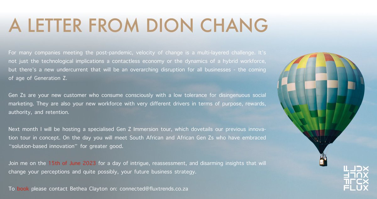 fluxtrends's tweet photo. Our #GenZ Immersion tour is for businesses hoping to meet the velocity of change. 

This tour will bring you up close &amp; personal with the #SolutionBased innovators.

@dionchang shares some words about the cohort building the #future of #SouthAfrica.

BOOK: https://t.co/ObENfBU1V8 https://t.co/2BBwJqIYvw