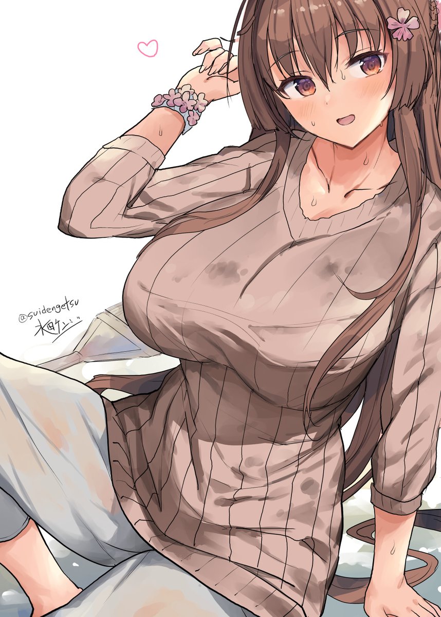 yamato (kancolle) 1girl long hair brown hair solo hair flower breasts hair ornament  illustration images