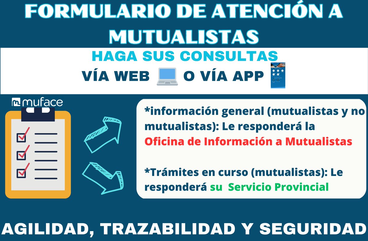 CONTACTO CON SERVICIOS PROVINCIALES DE MUFACE

✅Utiliza el formulario web de Atención a Mutualistas
➕Agilidad, trazabilidad, confidencialidad
⛔️No uses el 📧
🪂El Formulario no precisa registro previo
muface.es/muface_Home/mu…
⬇️