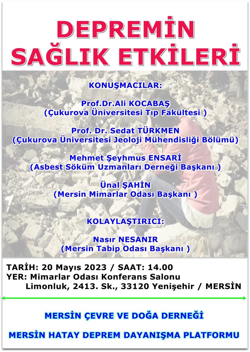 Depremi unutmayalım unutturmayalım. <a href="/mersin_bld/">Mersin Büyükşehir Belediyesi</a> <a href="/yenisehir_bel/">Mersin Yenişehir Belediyesi</a> <a href="/HatayBSB/">Hatay Büyükşehir Belediyesi</a> <a href="/Adana_Bld/">T.C. Adana Büyükşehir Belediyesi</a> <a href="/AdiyamanBelTR/">Adıyaman Belediyesi</a> <a href="/buyuksehirkm/">Kahramanmaraş Büyükşehir</a> 
#Deprem #Katiltozasbest #Asbestos