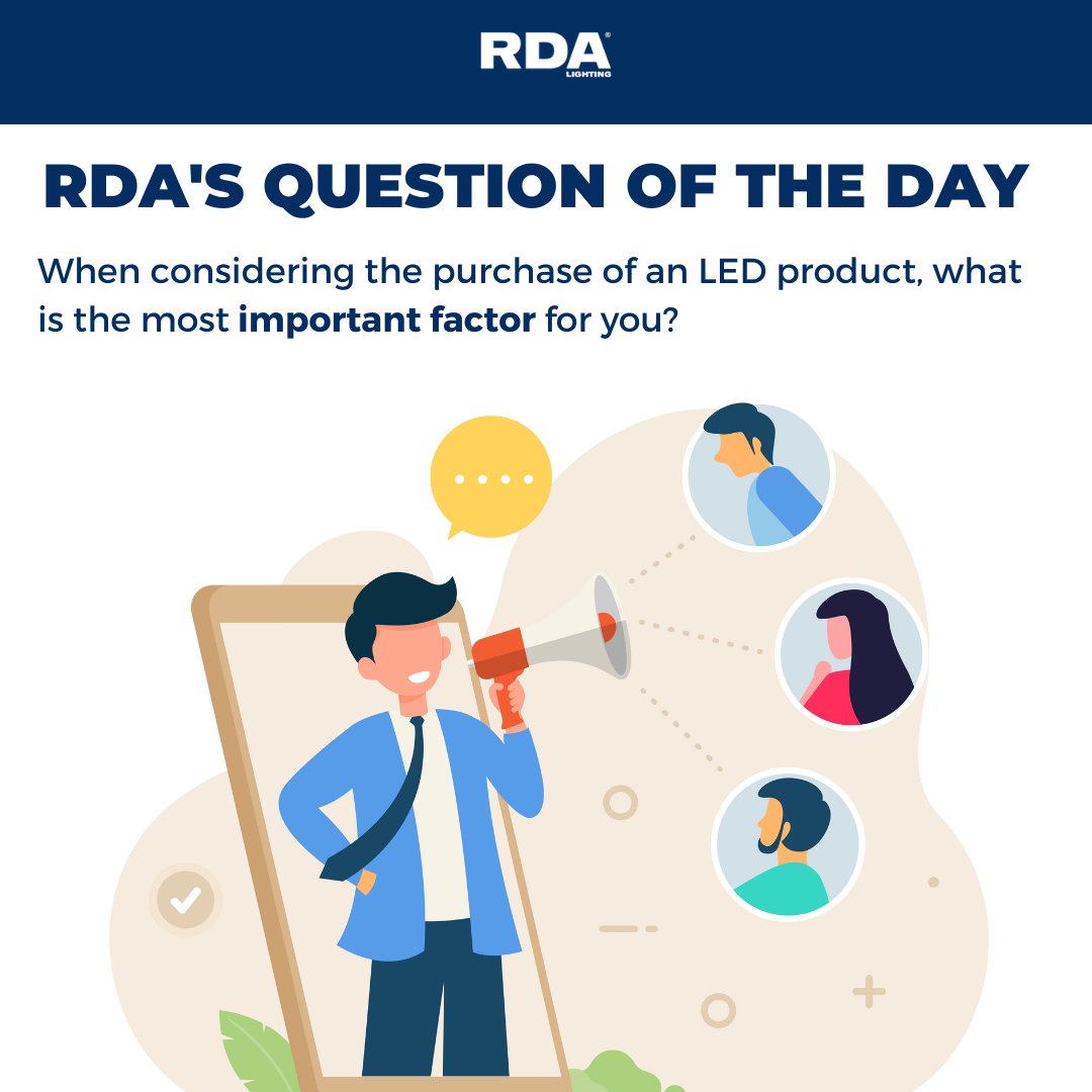 RDALighting's tweet photo. 🚨POLL ALERT🚨 What do YOU think is the most important factor when it comes to lighting products?

A - Performance
B - Ease of Installation
C - Durability
D - Lumen Adjustability/Colour Selectability
E - Price

Comment your thoughts down below!
#RDALighting #lightingindustry #led https://t.co/J5J1gI0JKy