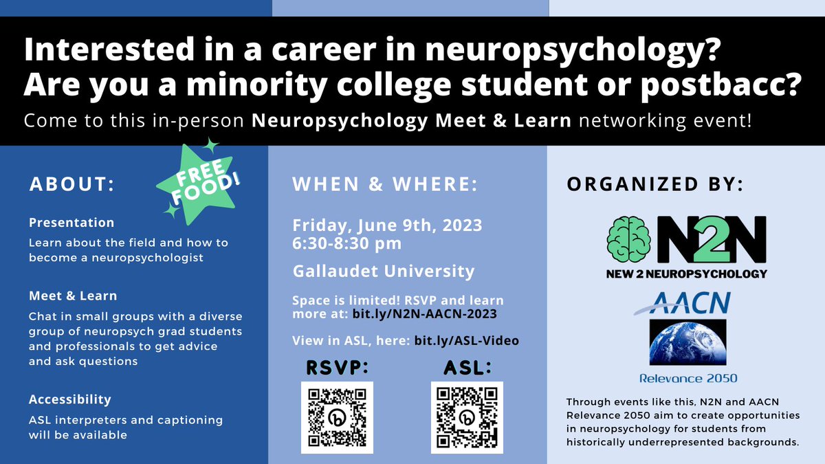 Interested in a career in #neuropsychology? We have the event for YOU! 💫

N2N is hosting an in-person Meet &amp; Learn networking event <a href="/GallaudetU/">Gallaudet University</a> on June 9th, during <a href="/TheAACN/">The AACN</a> Conference. 🧠

Come enjoy free food while learning about the field and networking! 🍕

RSVP by June 7th!