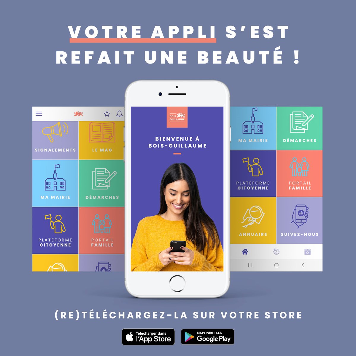 Votre appli s'est refait une beauté ! 📲
L'application de la ville évolue et devient plus esthétique et plus pratique ! 
Comment en profiter ?
Il suffit de la mettre à jour ou de la télécharger sur Android ou sur l'AppStore 🙂 (en recherchant "Ville de Bois-Guillaume") 🔔