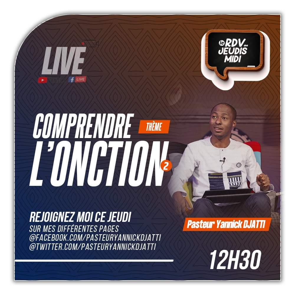 PasteurYd's tweet photo. Ne manquez pas notre rdv des jeudi midi demain à partir de 12H sur mes différentes pages Facebook et YouTube Pasteur Yannick Djatti
THEME: COMPRENDRE L'ONCTION https://t.co/Z8mwLujvww