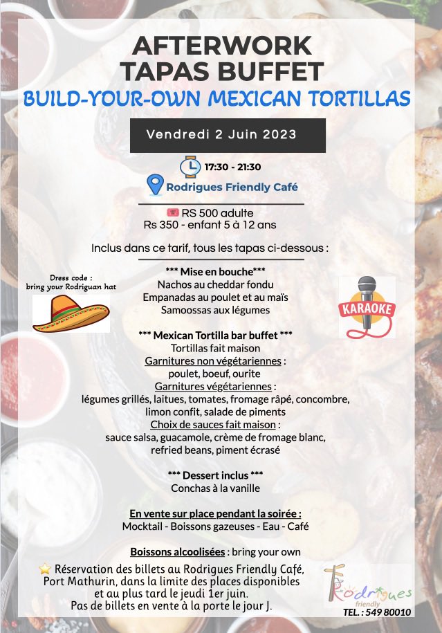 RodriguesFrien1's tweet photo. Hello. Here is our next evening event planned for the 2nd of June. 
Tickets are already available at Rodrigues Friendly Café in Port Mathurin. 
No tickets sold on the event day and seats are limited. Be sure not to miss this event! https://t.co/uRMr6dHm8u